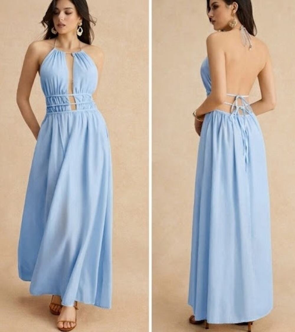 Micas Halter Neck Cut Out Strappy Back Sleeveless Maxi Dress Baby Blue Large NWT